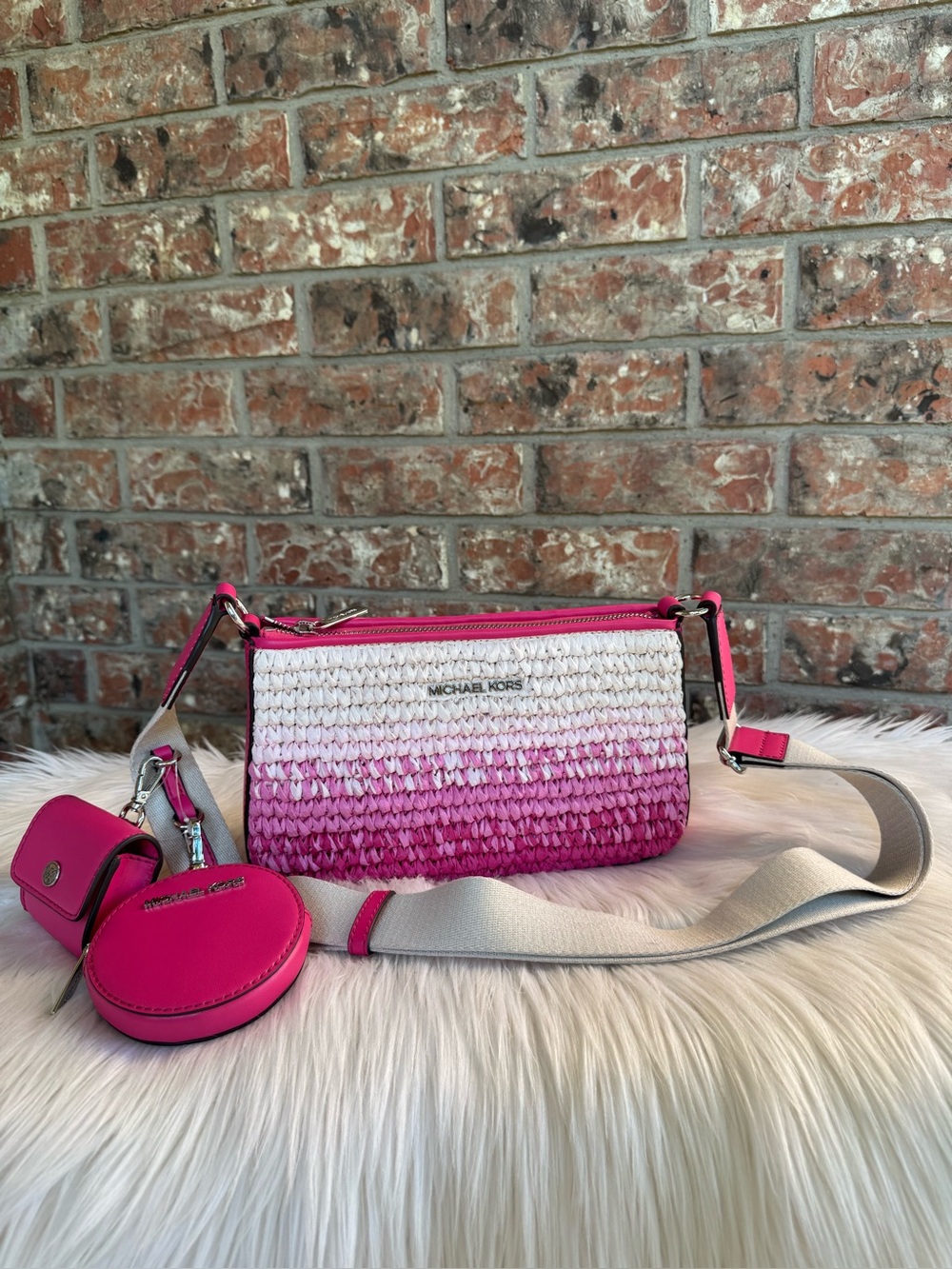 Michael Kors Pink Ombre Woven Crossbody Bag with Removable Strap Pouches